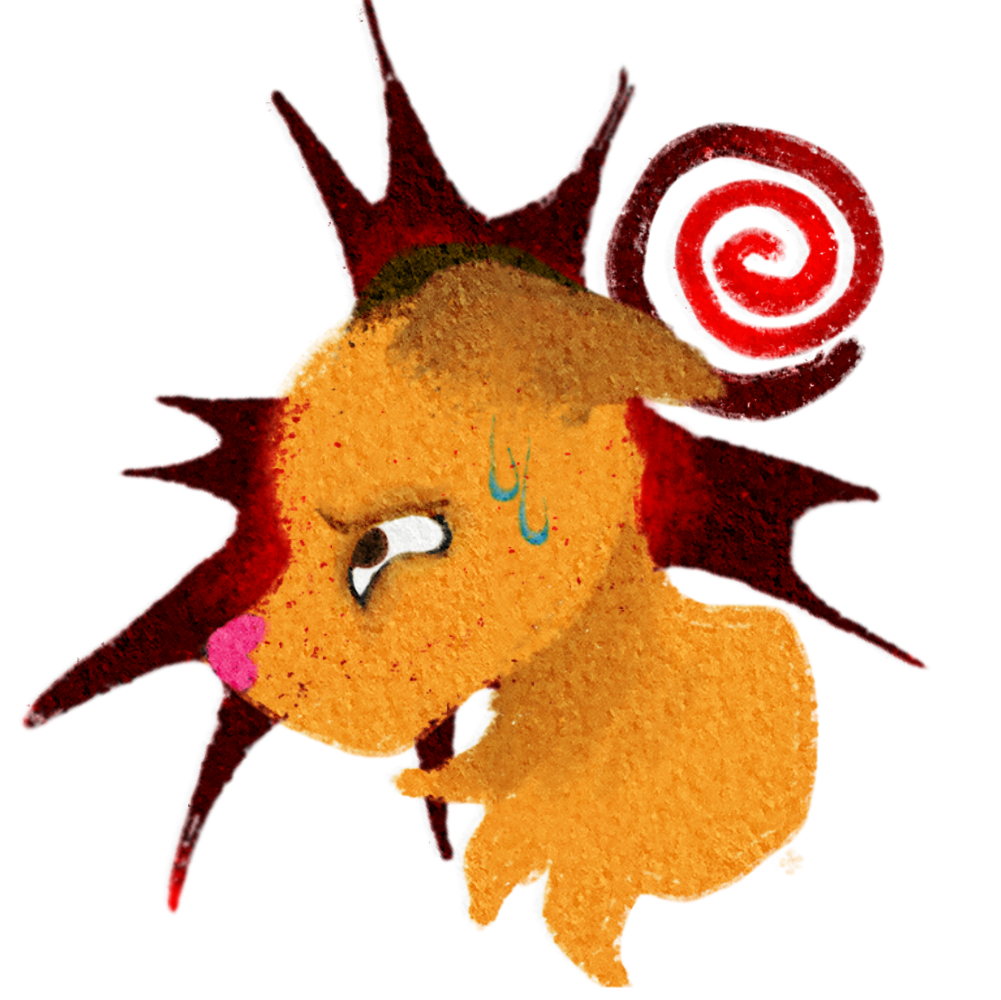 a yellow dog with its ears down facing the left looking up sadly with sweat drops on its face, there’s a red to black spiky bubble behind its head with a spiral on the top right corner next to it.